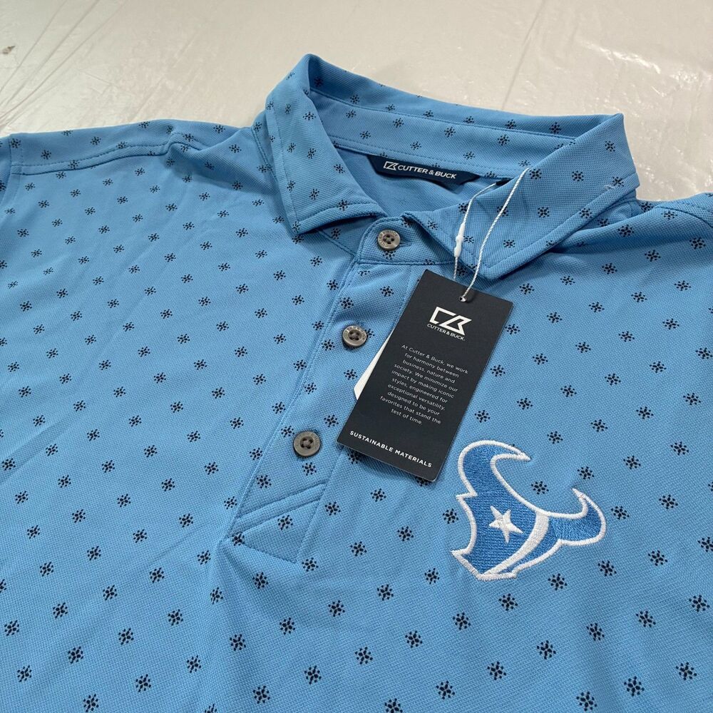 Houston Texans Cutter & Buck Virtue Eco Pique Polo Mens XL Blue Tile Print NWT